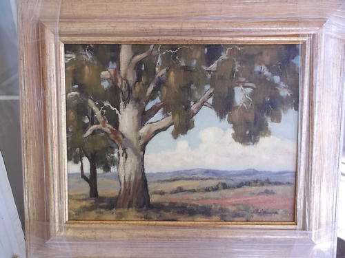 Oil painting on canvas, landscape with blue gum tree by Jimi Young