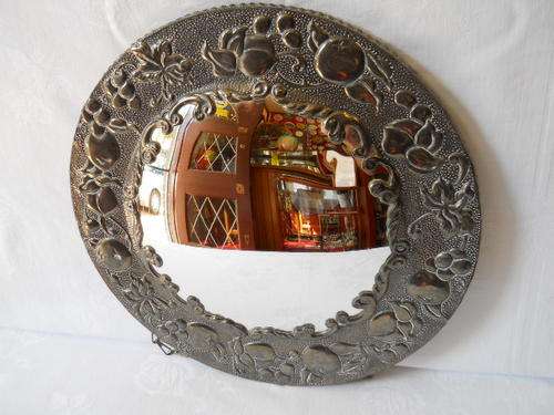 Convex Mirror in Decorative Pewter Frame