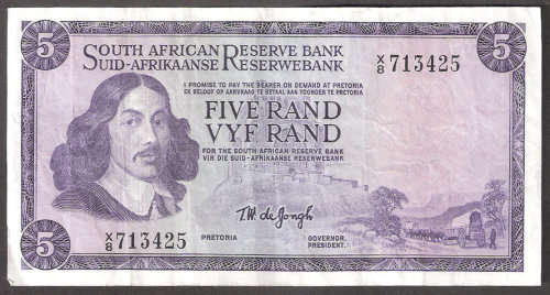 SA X 8713425 Replacement Five Rand note T.W. de Jongh - as per scan