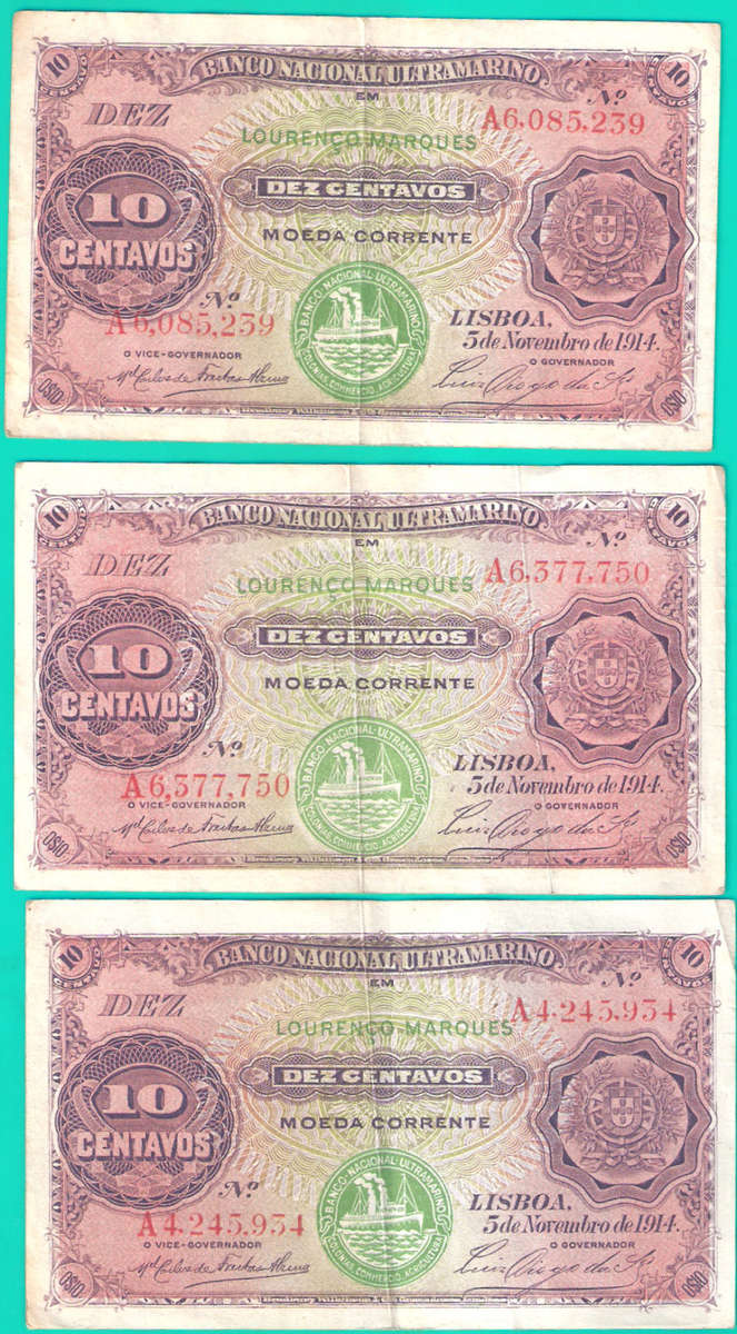 Triple lot of Banco Nacional Ultramarino 10 Centavos 5.11.1914 Seal Type LISBOA - as per scan