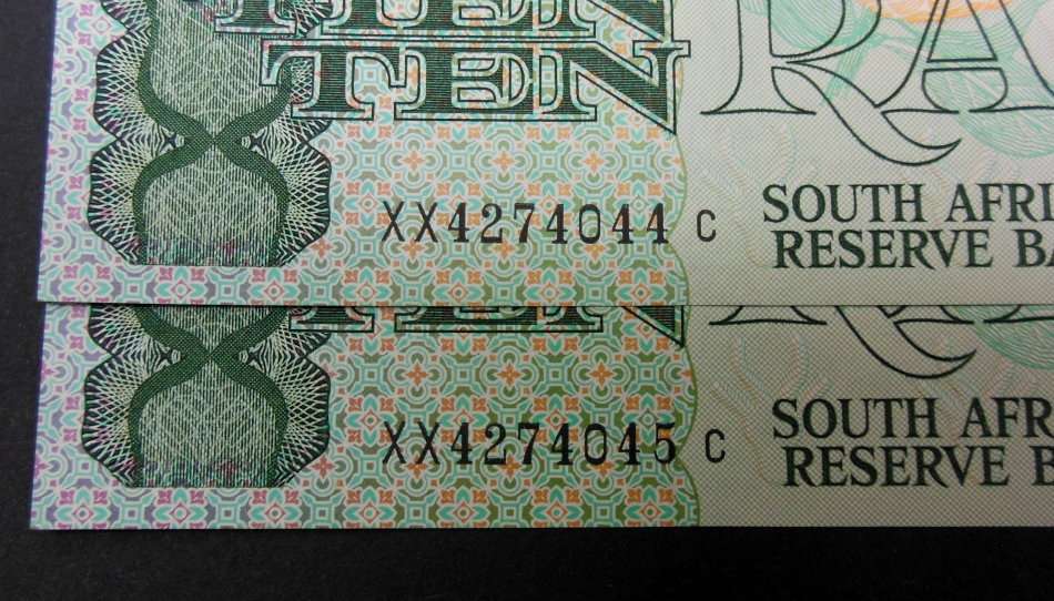 *CRAZY R1 START* SA 10 Rand 1985 - *REPLACEMENT NOTE XX* - aUNC condition, two notes in sequence
