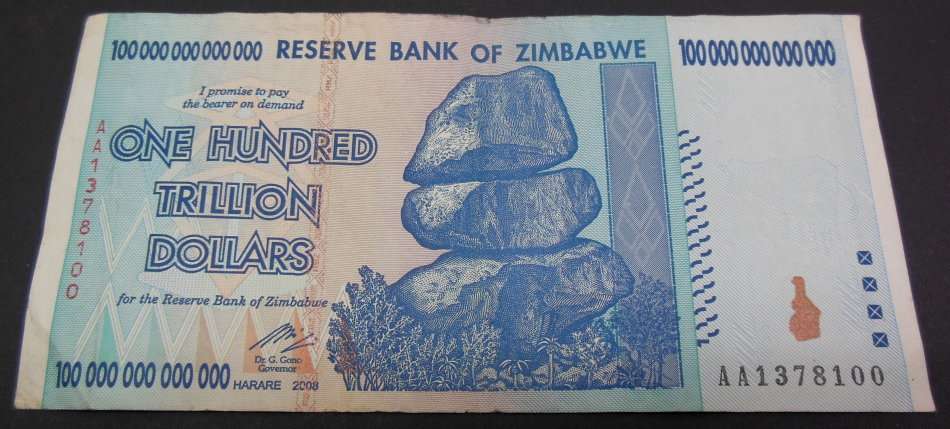 *CRAZY R1 START* Zimbabwe 100,000,000,000,000 Dollars 2008 - Zim's biggest note