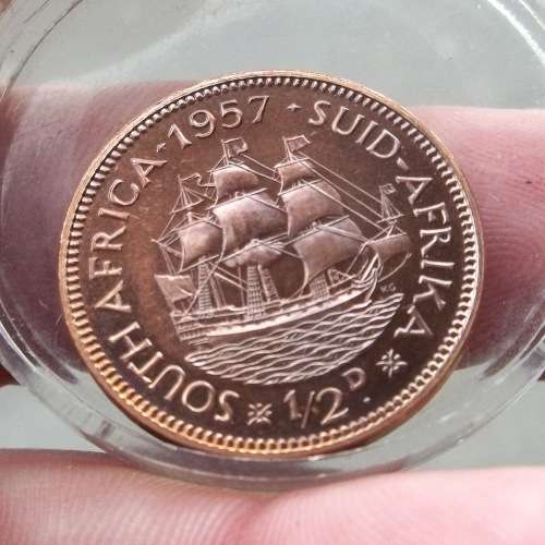*CRAZY R1 START* 1957 SA Union 1/2 Penny in PROOF condition