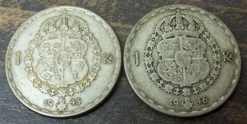 *CRAZY R1 START* Sweden 1 Krona 1943 & 1946 - R70 worth of Silver