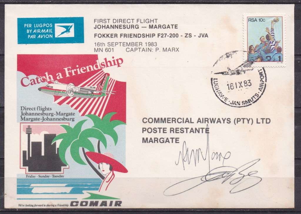 RSA 1983 first direct flight JHB - Margate signed cover. LOOK SCAN.