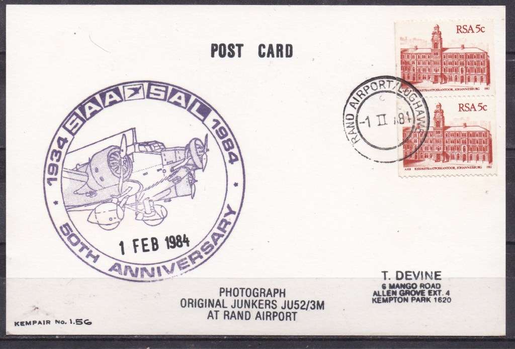 RSA 1984 Photo post card of Junkers JU52. LOOK SCAN