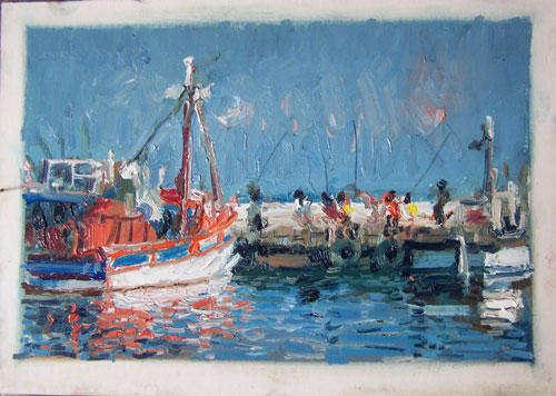 little harbour scene (eric eatwell)----on card