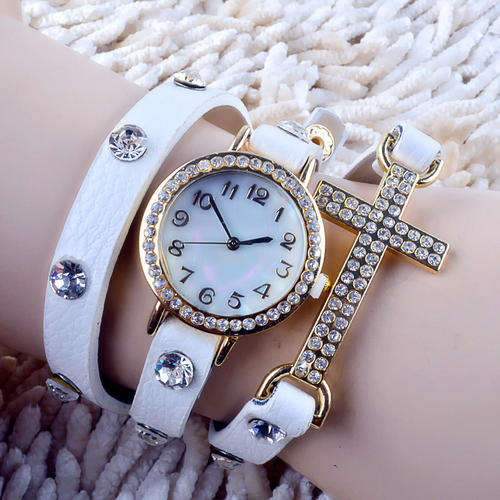 Korean Fashion Simple Cross Inlaid Rhinestones Long Leather Watch