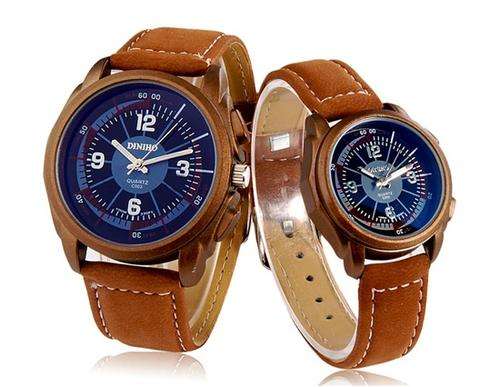 DINIHO 1123G Quartz Movement Analog Water Resistant Couple Watches with Faux Leather Straps