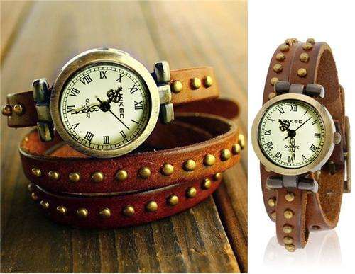 HotItem Rivet Decorated Three-Loops Cowhide Bracelet Analog Watch
