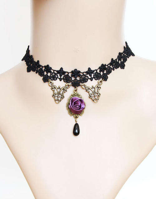 Gothic Black Floral Lace Necklace with Purple Rose