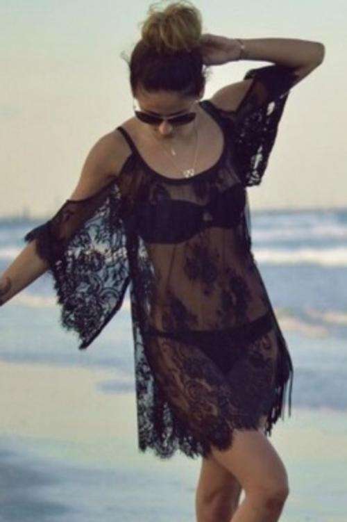 Black Sexy Floral Embroidery Sheer Lace Open Shoulder Cover-up