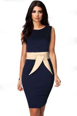 Navy Sleeveless Midi Dress with Champagne Belt - IN STOCK