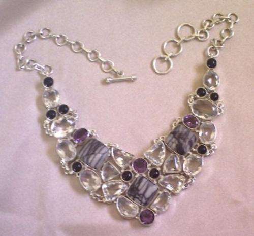 BEAUTIFUL  250CT WHITE TOPAZ, AMETHYST, PICASSO JASPER & BLACK ONYX STERLING SILVER NECKLACE