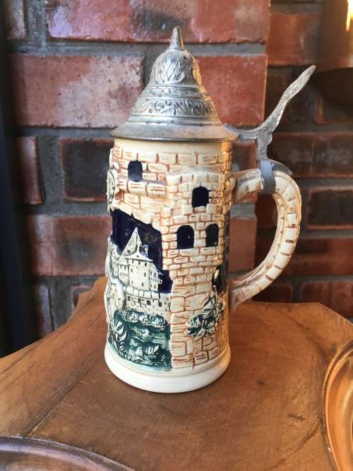 STUNNING GERMAN BEER STEIN WITH PEWTER LID
