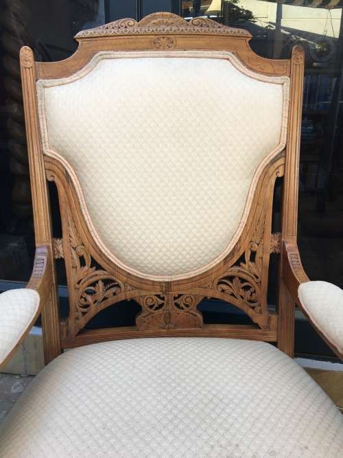 Stunning Edwardian upholstered arm chair with exquisite carved detailing