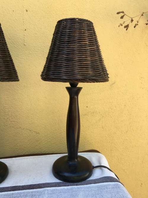STUNNING PAIR OF DARK PINE BEDSIDE LAMPS WITH DARK WICKER SHADES