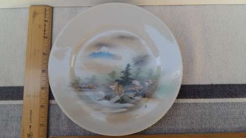 Beautiful. Japanese Plate with waterwheel and Mount Fuji unsigned