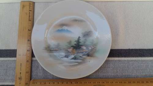 Beautiful. Japanese Plate with waterwheel and Mount Fuji unsigned