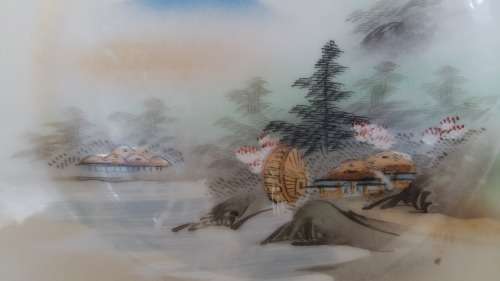Beautiful. Japanese Plate with waterwheel and Mount Fuji unsigned