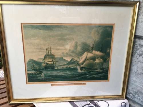 WOW !!! Vintage limited edition framed print of "East Indiaman and warships in Table Bay c1815