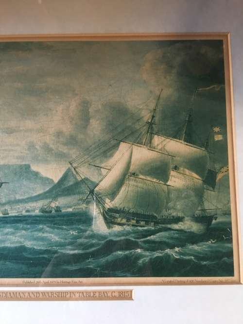 WOW !!! Vintage limited edition framed print of "East Indiaman and warships in Table Bay c1815