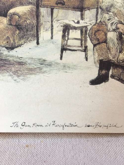 WOW !!! AN OLD PRINT ON BLOCK BOARD "The gun room at Kersefontein near Hopefield" signed