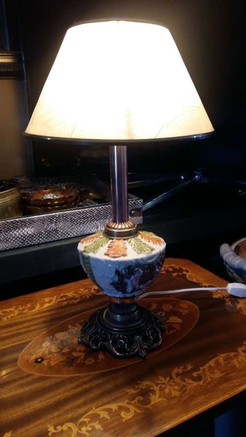 Antique Elcobaca Capodimonte Lamp with solid brass base with Shade. 52.5 tall. made in Portugal