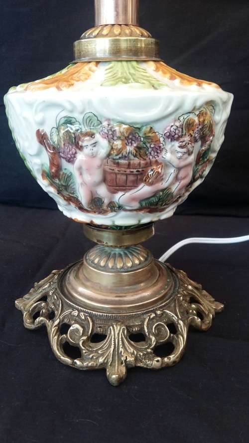 Antique Elcobaca Capodimonte Lamp with solid brass base with Shade. 52.5 tall. made in Portugal