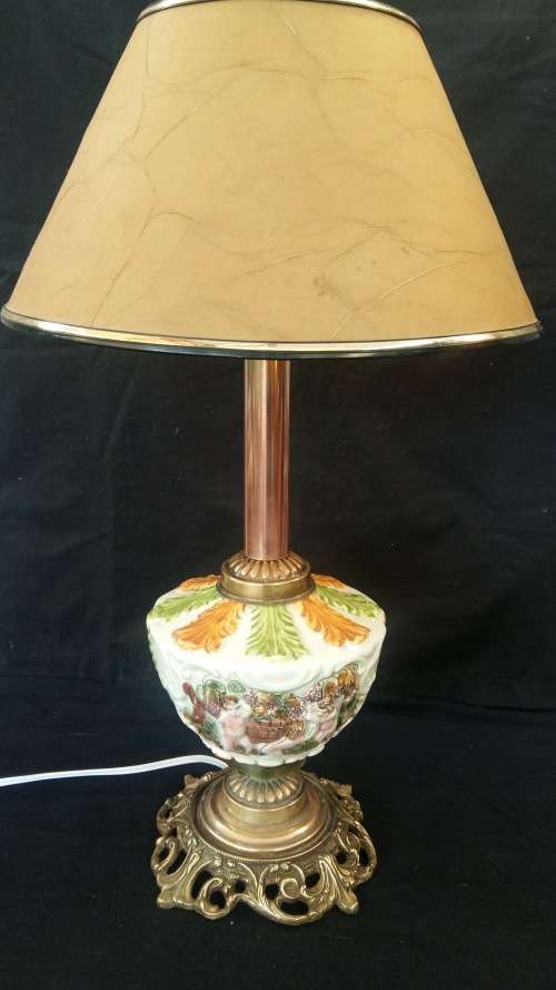 Antique Elcobaca Capodimonte Lamp with solid brass base with Shade. 52.5 tall. made in Portugal