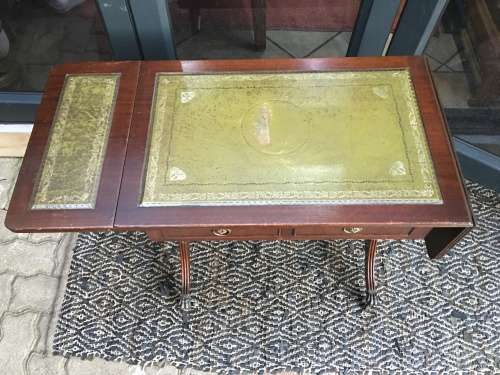 WOW !! ANTIQUE LEATHER INLAID 2 DRAWER MAHOGANY DROPSIDE TABLE ON CASTORS
