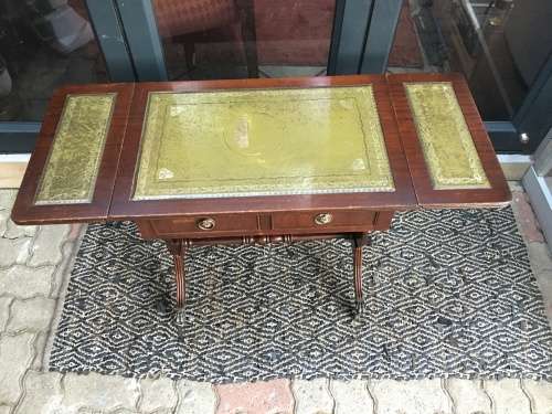 WOW !! ANTIQUE LEATHER INLAID 2 DRAWER MAHOGANY DROPSIDE TABLE ON CASTORS
