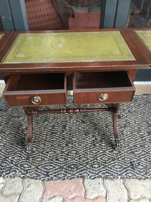 WOW !! ANTIQUE LEATHER INLAID 2 DRAWER MAHOGANY DROPSIDE TABLE ON CASTORS