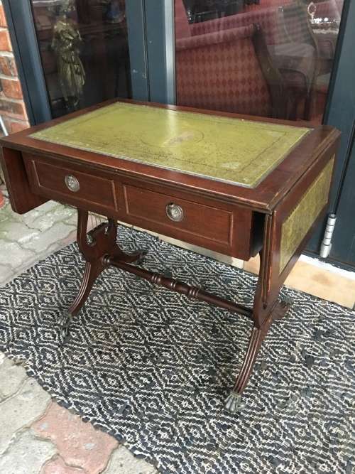 WOW !! ANTIQUE LEATHER INLAID 2 DRAWER MAHOGANY DROPSIDE TABLE ON CASTORS