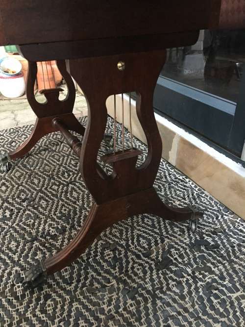 WOW !! ANTIQUE LEATHER INLAID 2 DRAWER MAHOGANY DROPSIDE TABLE ON CASTORS