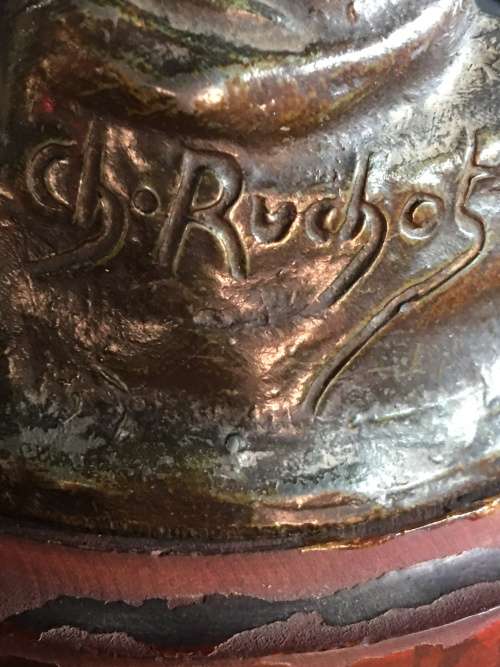 RARE ANTIQUE SPELTER BRONZED SCULPTURE STAMPED AND SIGNED BY FAMOUS FRENCH ARTIST CHARLES RUCHOT