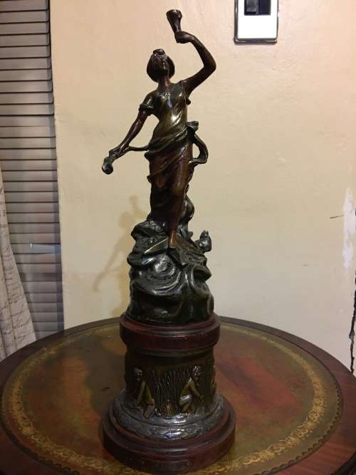 RARE ANTIQUE SPELTER BRONZED SCULPTURE STAMPED AND SIGNED BY FAMOUS FRENCH ARTIST CHARLES RUCHOT