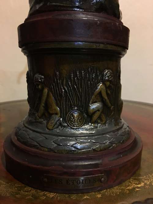 RARE ANTIQUE SPELTER BRONZED SCULPTURE STAMPED AND SIGNED BY FAMOUS FRENCH ARTIST CHARLES RUCHOT