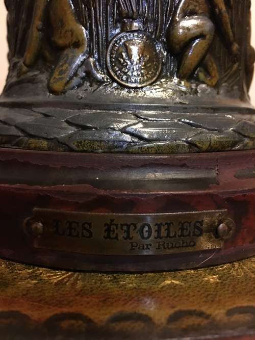 RARE ANTIQUE SPELTER BRONZED SCULPTURE STAMPED AND SIGNED BY FAMOUS FRENCH ARTIST CHARLES RUCHOT