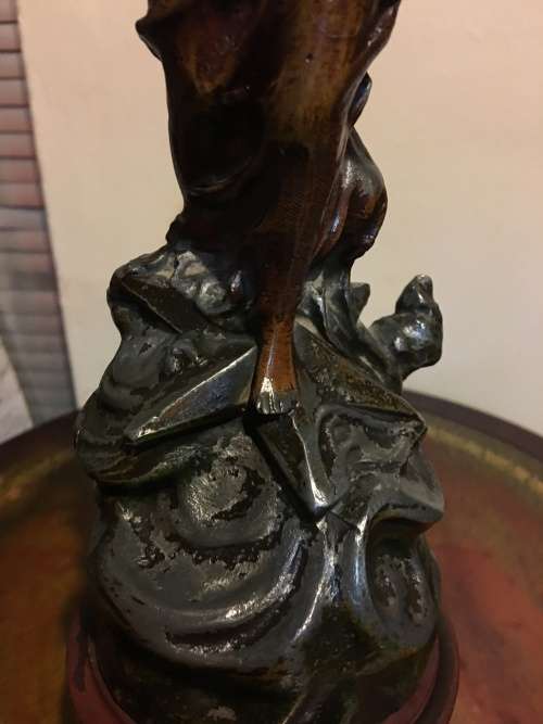 RARE ANTIQUE SPELTER BRONZED SCULPTURE STAMPED AND SIGNED BY FAMOUS FRENCH ARTIST CHARLES RUCHOT