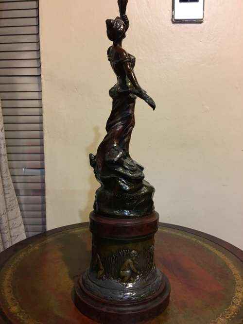 RARE ANTIQUE SPELTER BRONZED SCULPTURE STAMPED AND SIGNED BY FAMOUS FRENCH ARTIST CHARLES RUCHOT