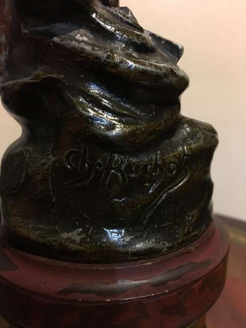 RARE ANTIQUE SPELTER BRONZED SCULPTURE STAMPED AND SIGNED BY FAMOUS FRENCH ARTIST CHARLES RUCHOT
