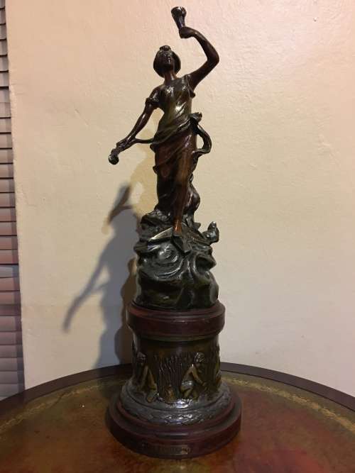 RARE ANTIQUE SPELTER BRONZED SCULPTURE STAMPED AND SIGNED BY FAMOUS FRENCH ARTIST CHARLES RUCHOT