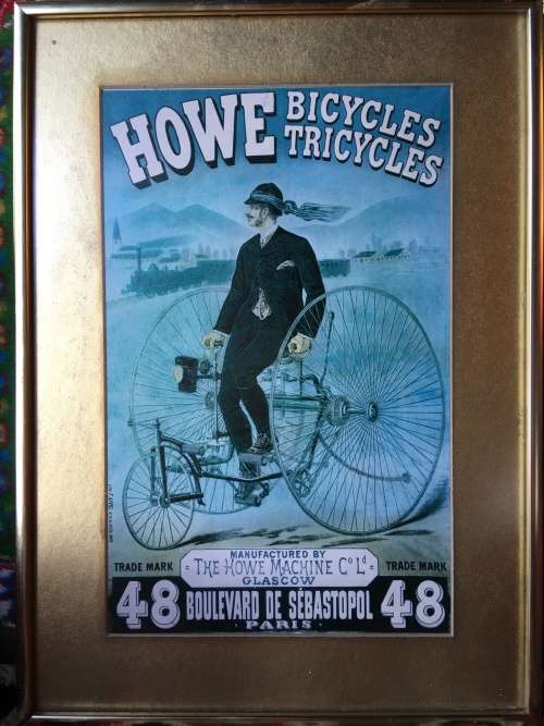 WOW !!! STUNNING FRAMED BEHIND GLASS VINTAGE HOWE BICYCLE TRICYCLES LITHOGRAPH