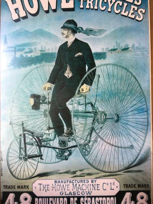 WOW !!! STUNNING FRAMED BEHIND GLASS VINTAGE HOWE BICYCLE TRICYCLES LITHOGRAPH