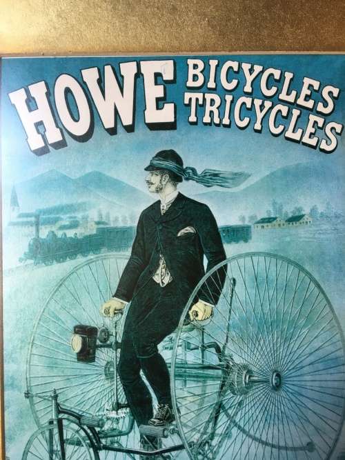 WOW !!! STUNNING FRAMED BEHIND GLASS VINTAGE HOWE BICYCLE TRICYCLES LITHOGRAPH