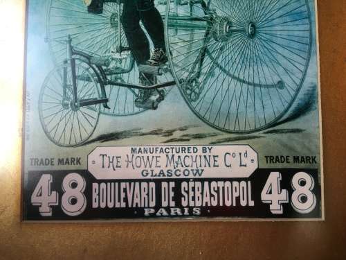 WOW !!! STUNNING FRAMED BEHIND GLASS VINTAGE HOWE BICYCLE TRICYCLES LITHOGRAPH
