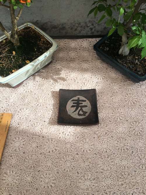 WOW !!! ABSOLUTELY STUNNING SQUARE VINTAGE ORIENTAL SUSHI PLATE WITH RAISED CORNERS  AND CALLIGRAPHY
