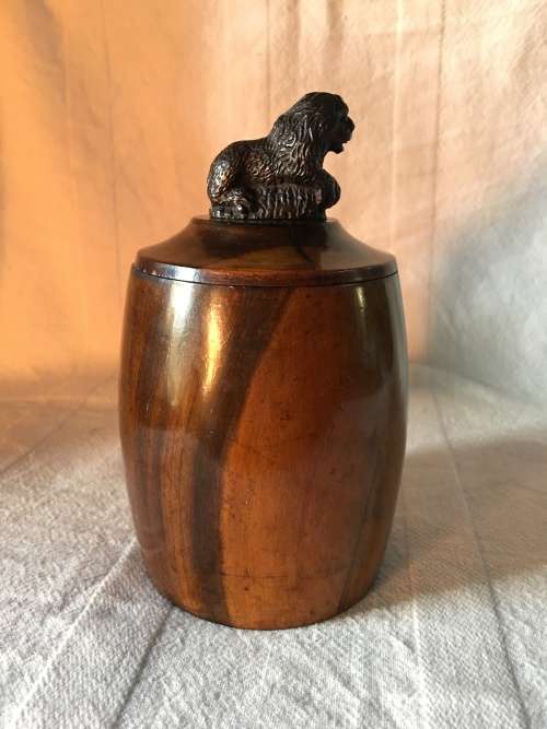 WOW !!! STUNNING ANTIQUE SOLID WALNUT TOBACCO JAR WITH A WOODEN CARVED LION ON THE LID