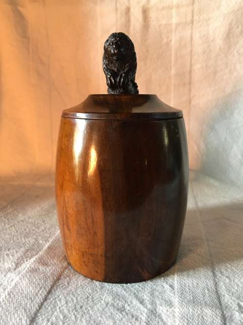 WOW !!! STUNNING ANTIQUE SOLID WALNUT TOBACCO JAR WITH A WOODEN CARVED LION ON THE LID